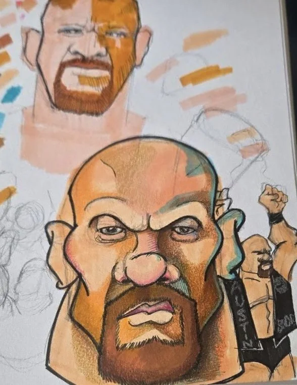 Colorful caricature drawing of a bald man with a beard and prominent facial features, with a partially completed second character in the background.