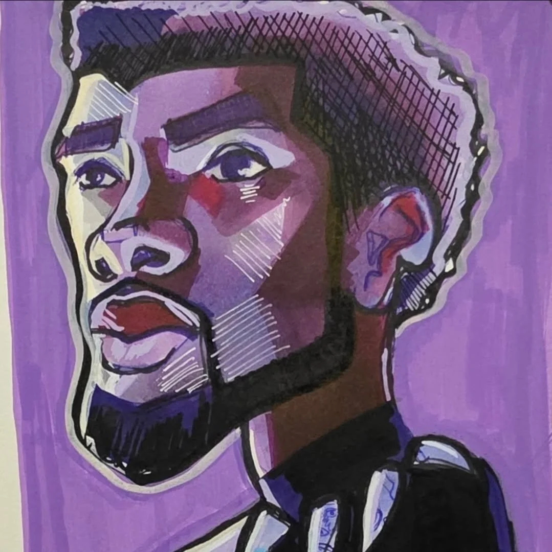A colorful abstract portrait of a young man with a beard, styled hair, and a serious expression, set against a purple background.
