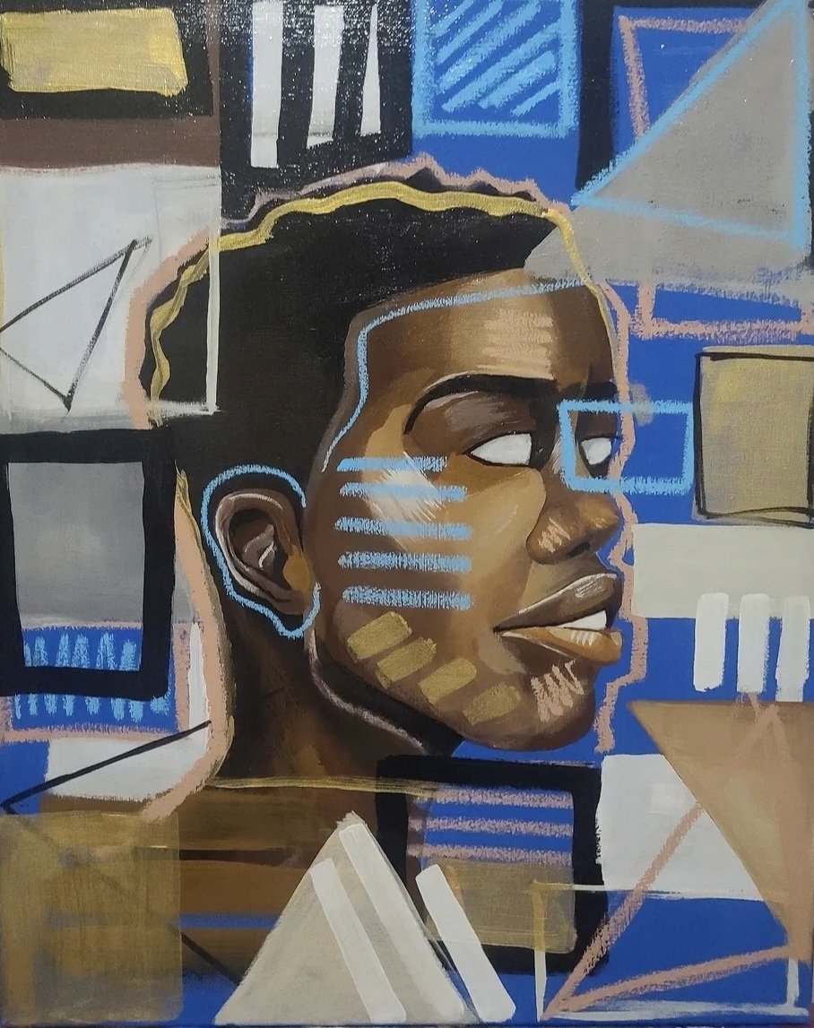 A colorful abstract portrait of a woman with short hair, looking to the side. The background features geometric shapes in blue, beige, and black.