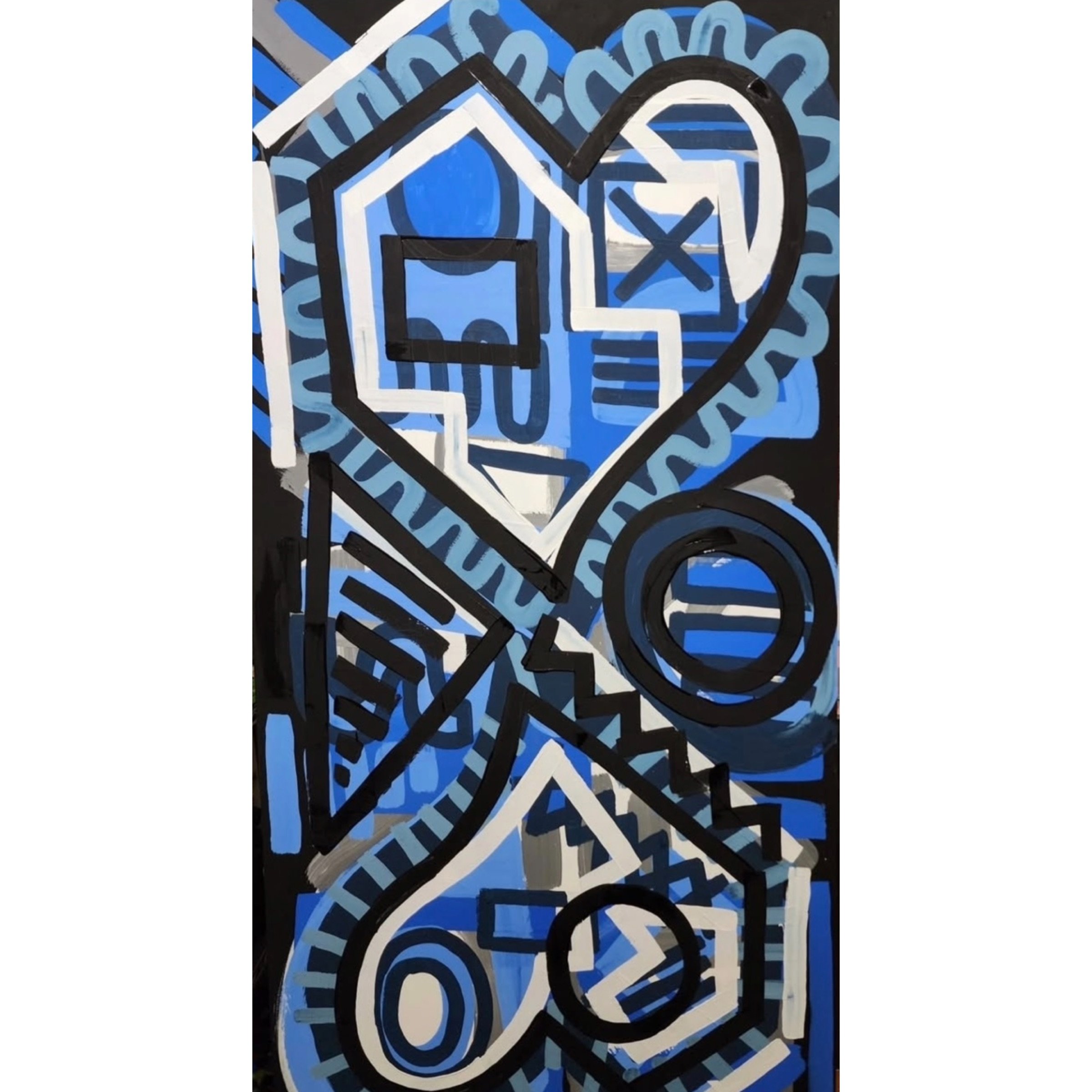 Abstract artwork featuring a house and a clock within layered geometric shapes in shades of blue, black, white, and gray.