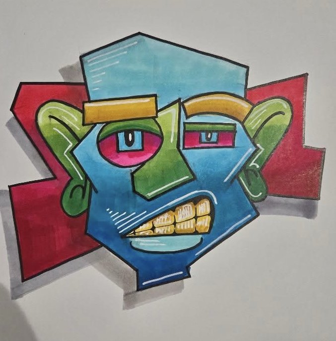 Colorful graffiti-style drawing of a stylized face with exaggerated features, including green ears, a green nose, yellow eyebrows, blue hair, pink eyes with blue pupils, and a mouth showing gold teeth.