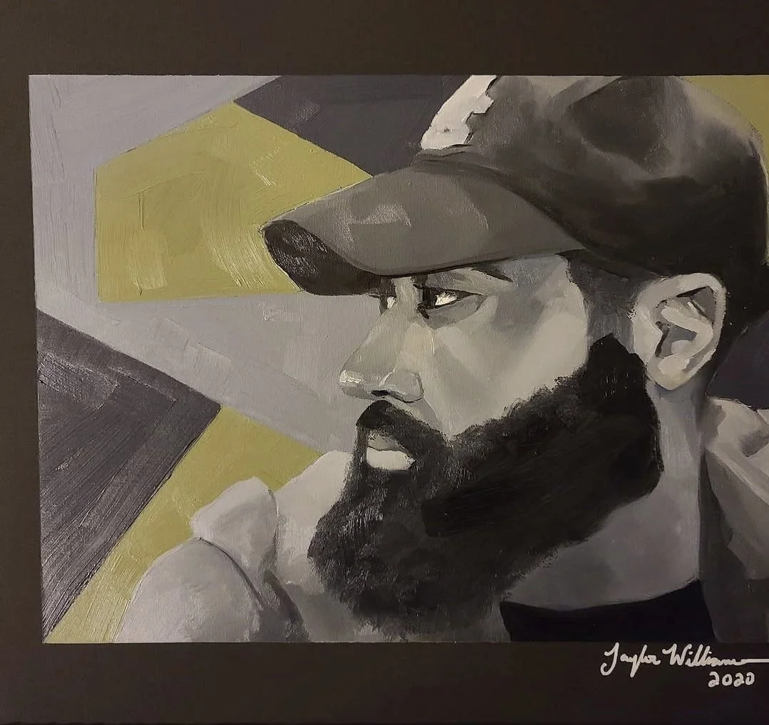 A grayscale painting of a man with a beard, wearing a baseball cap, looking to the side with a thoughtful expression. The background features geometric shapes in yellow, white, and black. The artist's signature and the year 2020 are visible in the bottom right corner.