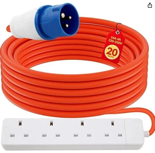 4 Gang Electric Hook Up for Camping,20 Metres 16A to 13A Extension Lead,Heavy Duty-240V Mains Lead for Caravans,Mobile Homes, Motorhomes.