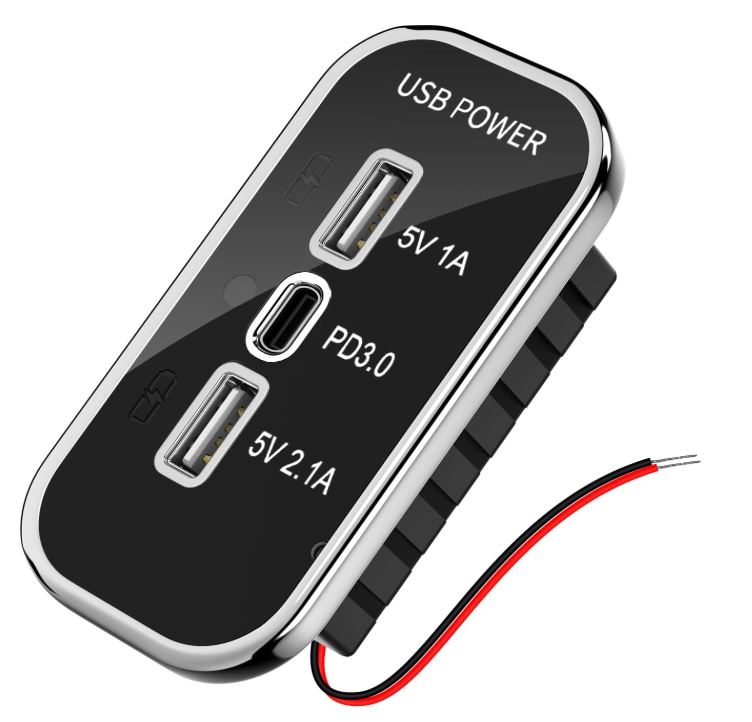 3 Ports 12V USB Socket, RV USB Outlet, Quick Charge PD3.0 Type C & Dual U SB-A Charger Socket Panel, Car Charger U SB 12 Volt Outlet for 12V/24V Car RV Marine Boat.