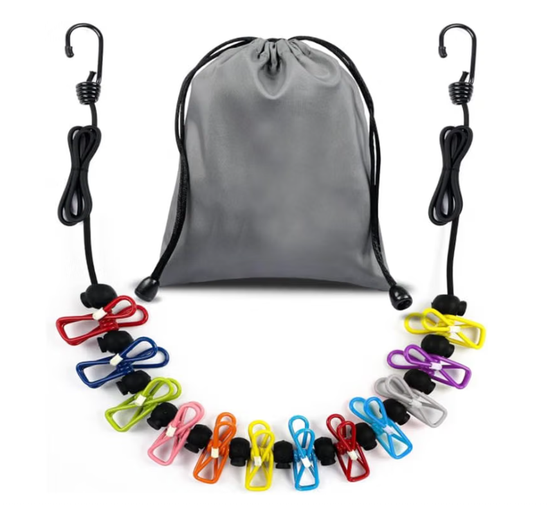 Portable Travel Clothesline with 12 Colorful Random Clips & Gray Storage Bag, Adjustable Elastic Retractable Clothes Washing Line, Heavy Duty Windproof.