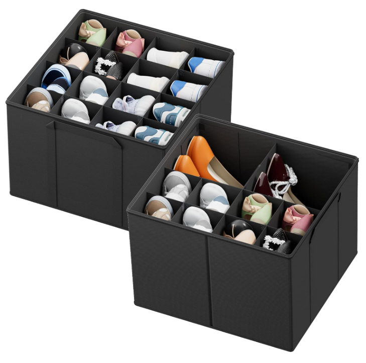 SpaceAid Shoe Organizer for Closet, 2 Pack Foldable Shoe Storage Containers Baskets Boxes Bins w/Adjustable Dividers, Fits 16-32 Pairs, Black