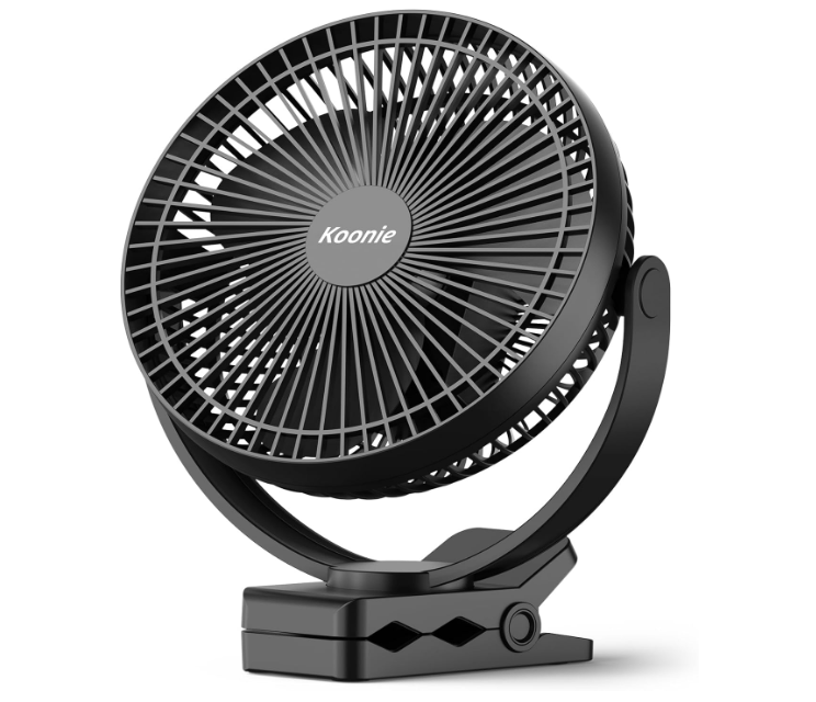 Koonie 10000mAh Portable Clip Fan, 8 Inch Rechargeable USB Fan, Black | 4 speeds, 360° rotation, strong airflow, sturdy clamp, for office desk golf cart...
