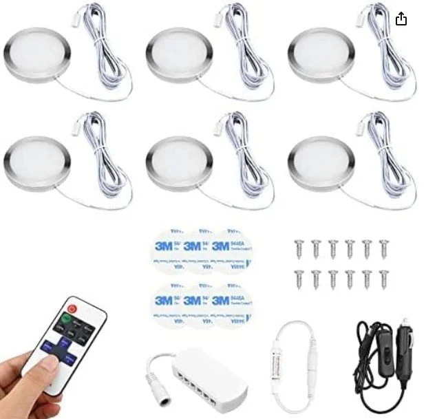 CECOMBINE 6Pcs Interior LED Spot Lights, 12V Roof Spot Universal Dimmable Positive White Lighting with Splitter Adapter & Wireless RF Remote for T4 T5 Camper Van Caravan Motorhome