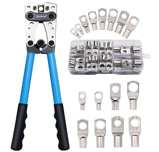 Brileine Battery Cable Crimping Tool Kit 6–50 mm² with 60PCS Copper Ring Terminals, Heavy Duty Wire Lug Crimper with Rotating Dies for Battery Cables, Electrical Wiring, Automotive & DIY Use.