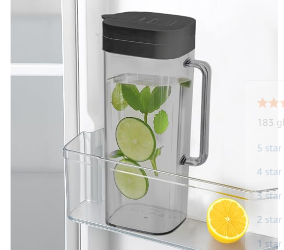 Slimfit 2Quart (2 Liter) Pitcher with lid, Water jug for Fridge Door, Black