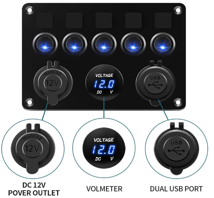 KAOLALI IP65 Waterproof 12V/24V Switch Panel, Toggle Switch Panel, Dual USB Charger Port 4.2A, Lighter Socket, Digital Voltmeter Display, Car Rocker Switches for Car Boat RV Truck Campervan(Blue)