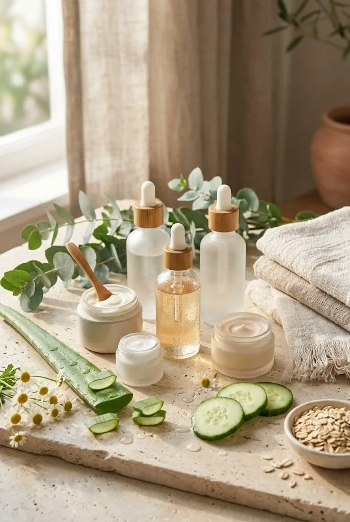Skincare products including serums and creams on a light stone surface, surrounded by cucumber slices, aloe vera, chamomile flowers, oatmeal, and folded towels, with natural light coming through a window.