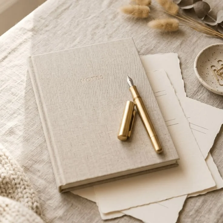 A closed beige notebook labeled 'NOTES' with a gold fountain pen resting on top, alongside loose papers, a small bowl with gold paper clips, and dried ornamental plants on a textured fabric surface.