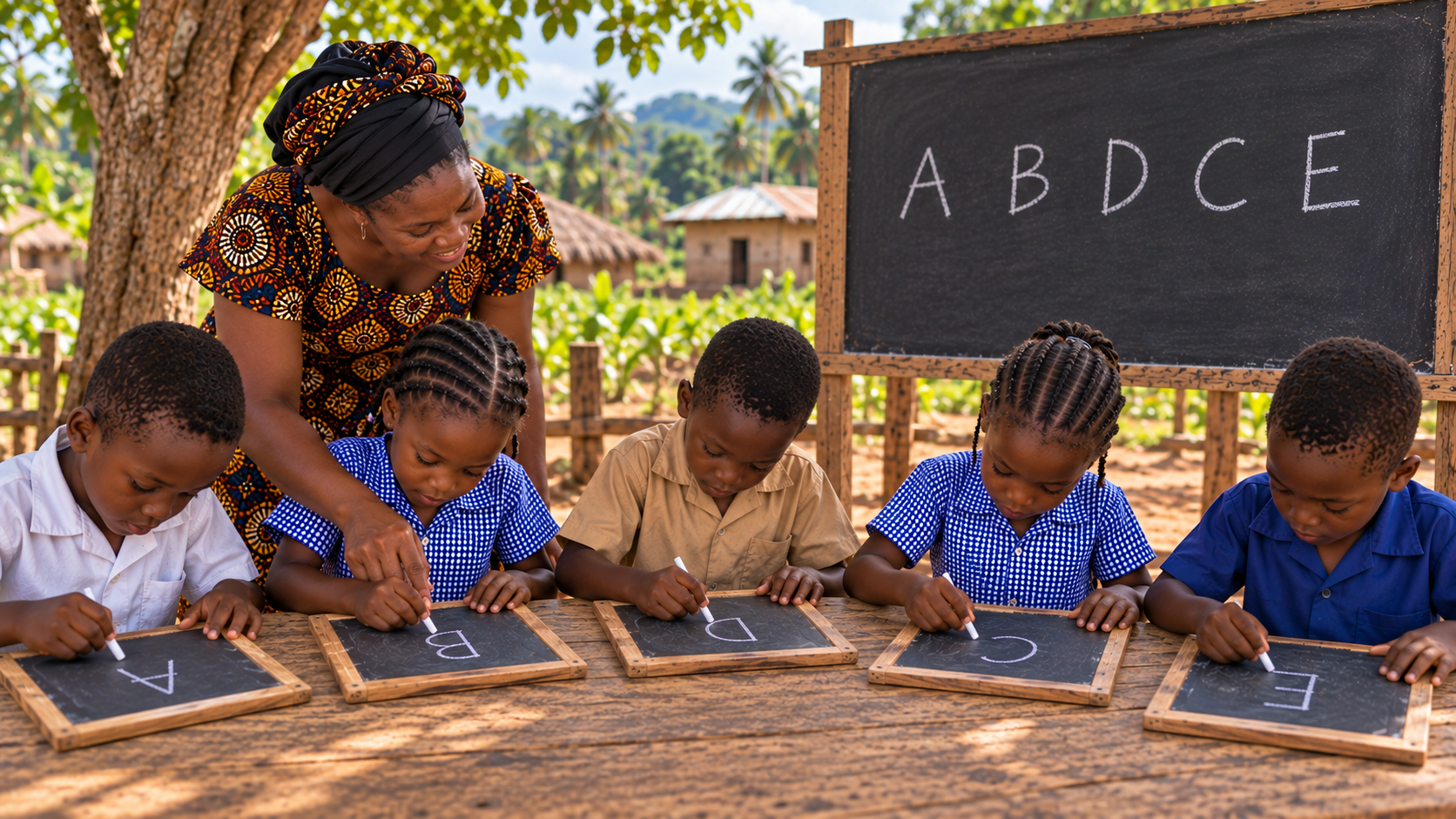 A teacher helps children write the alphabet on small chalkboards outdoors during daytime. A blackboard with the alphabet A to E is in the background. The children are focused on writing, with a tree and rural huts in the background.