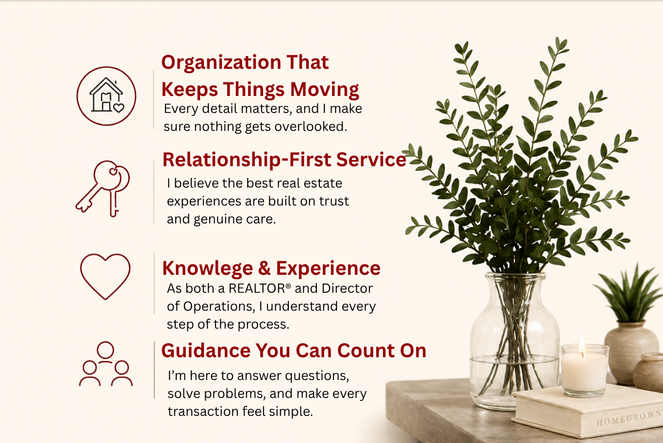 A list of qualities and services of a real estate organization presented on a beige wall, with icons for each point. The list includes 'Organization That Keeps Things Moving,' 'Relationship-First Service,' 'Knowledge & Experience,' and 'Guidance You Can Count On,' each with descriptions. The right side features a glass vase with a large leafy green plant, a lit candle in a glass holder, a book, and some small decorative pots on a wooden surface.