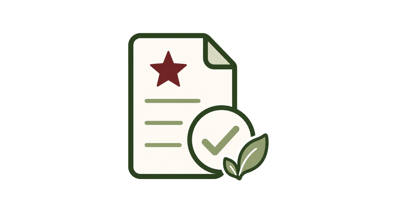 An illustrated document with a red star at the top, a large checkmark inside a circle, and green leaves at the bottom, symbolizing eco-friendly certification or approval.