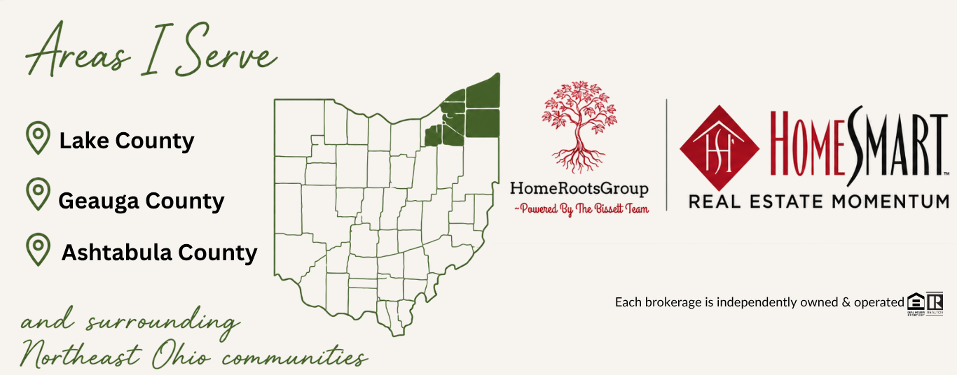 Map of northeastern Ohio counties, with a list of served counties on the left and logos of HomeRootsGroup and HomeSmart on the right. Text states the areas served include Lake, Geauga, and Ashtabula Counties and surrounding communities.