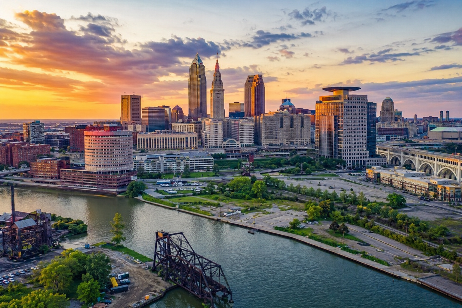 Aerial view of downtown Cleveland, Ohio, one of the communities served by HomeRoots Group.