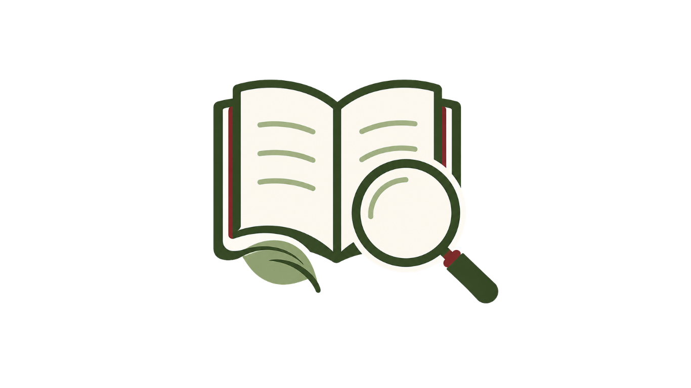 Open book with a magnifying glass and a leaf attached, symbolizing research or inspection of literature.