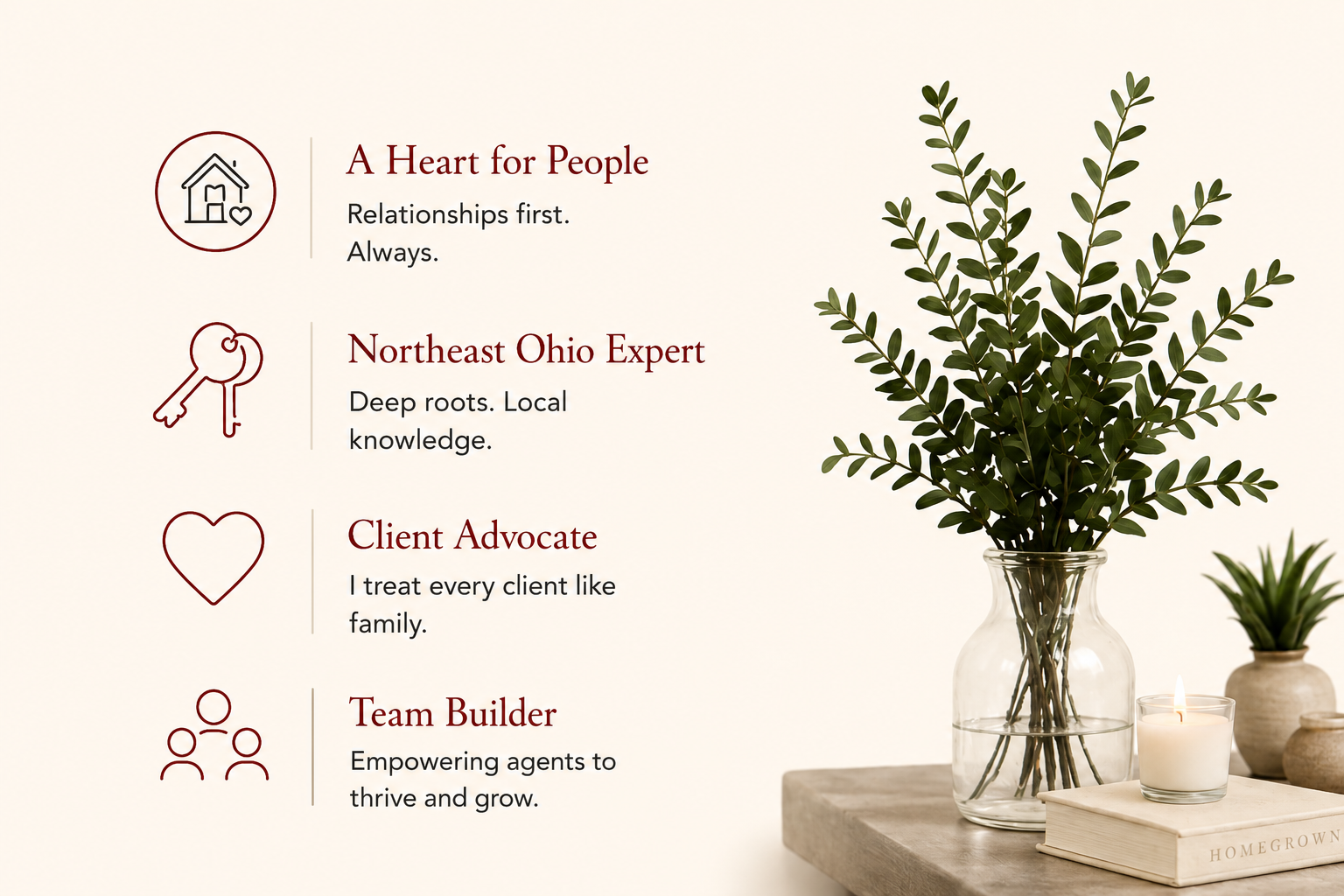A presentation slide with four points: 'A Heart for People, Relationships first. Always.', 'Northeast Ohio Expert, Deep roots. Local knowledge.', 'Client Advocate, I treat every client like family.', and 'Team Builder, Empowering agents to thrive and grow.' next to icons of a house, keys, a heart, and three people, on a white wall with a potted plant, a candle, and books on a table.