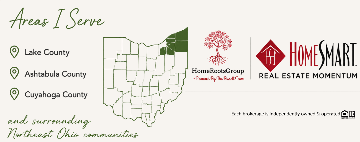 Map of northeast Ohio counties with highlighted areas of Lake County, Ashtabula County, and Cuyahoga County. Logos for Home Roots Group and Homesmart Real Estate Momentum. Text indicating regions served and mentions of real estate brokerage independence.