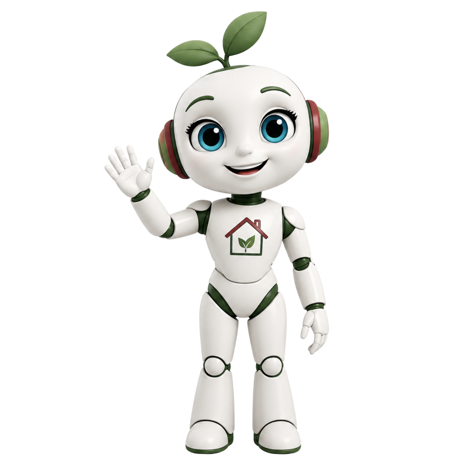 A robot with a white body and green accents, large blue eyes, and a smile, waving with its right hand. It has leaves on top of its head and a house and leaf logo on its chest.