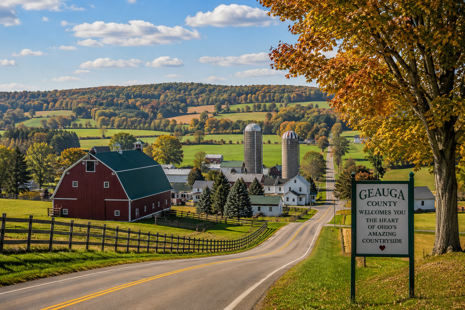 Scenic countryside in Geauga County, Ohio, showcasing the rural communities served by HomeRoots Group.