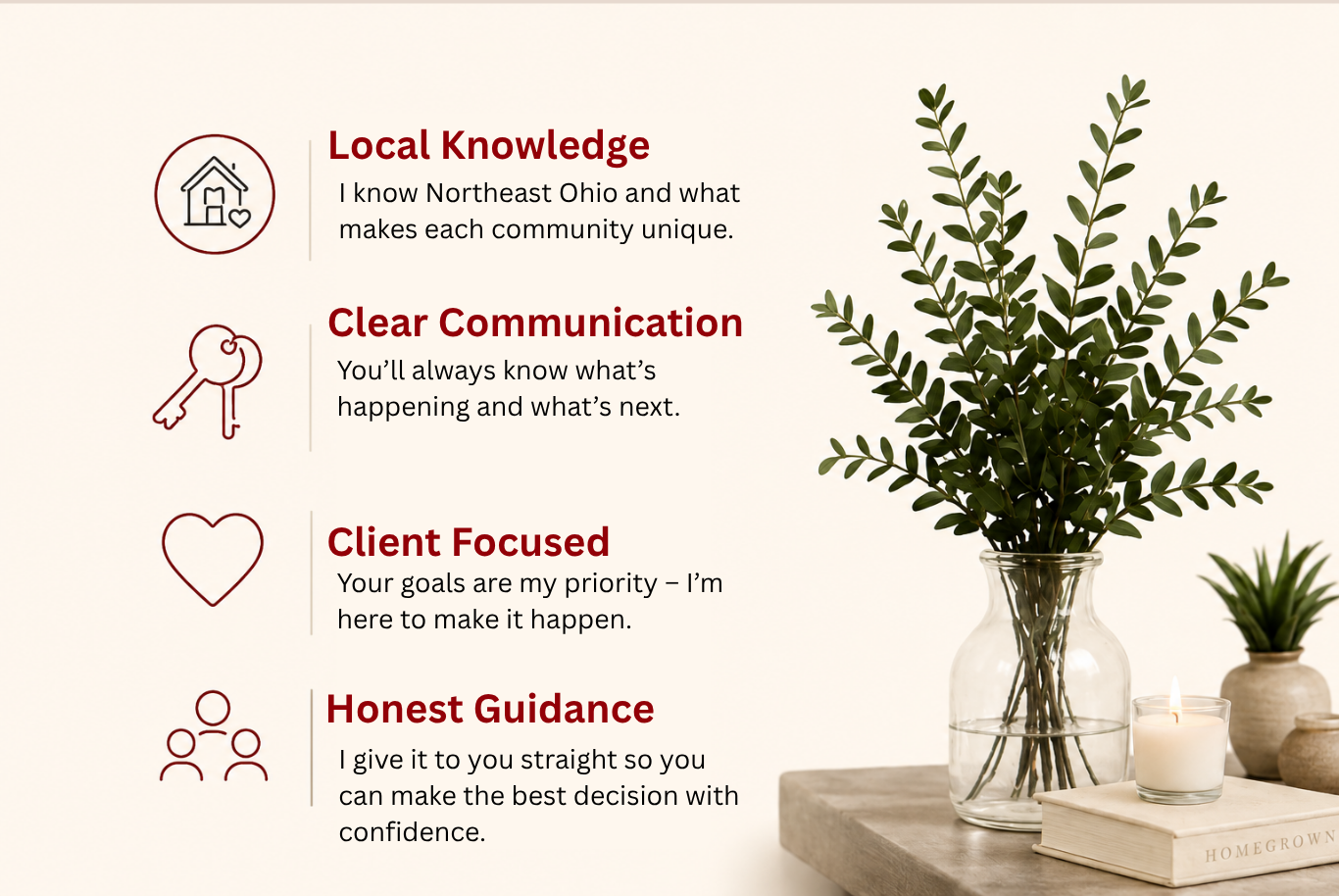 A graphic with four bullet points on the left side, each with an icon and text: 'Local Knowledge' with a house icon, 'Clear Communication' with a key icon, 'Client Focused' with a heart icon, and 'Honest Guidance' with three people icon. On the right side, a potted plant in a glass vase, a lit candle, and a book on a wooden surface.