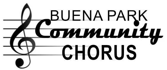 Logo of Buena Park Community Chorus featuring a musical staff, treble clef, and text