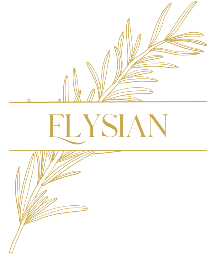 Gold-colored botanical illustration with the brand name "Elysian" in the center on a black background.
