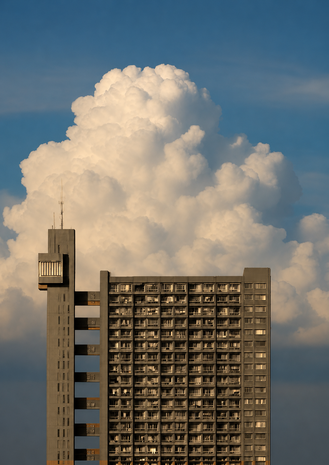A tall residential building with many balconies in front of large, billowing white clouds in a blue sky.