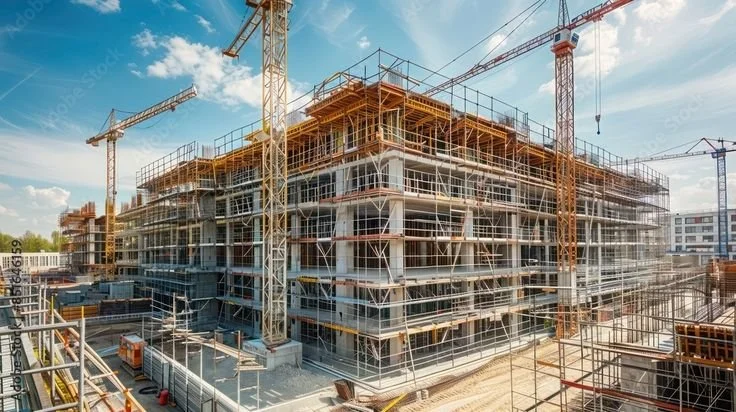 Construction site with multiple cranes and a large multi-story building under construction, surrounded by scaffolding.