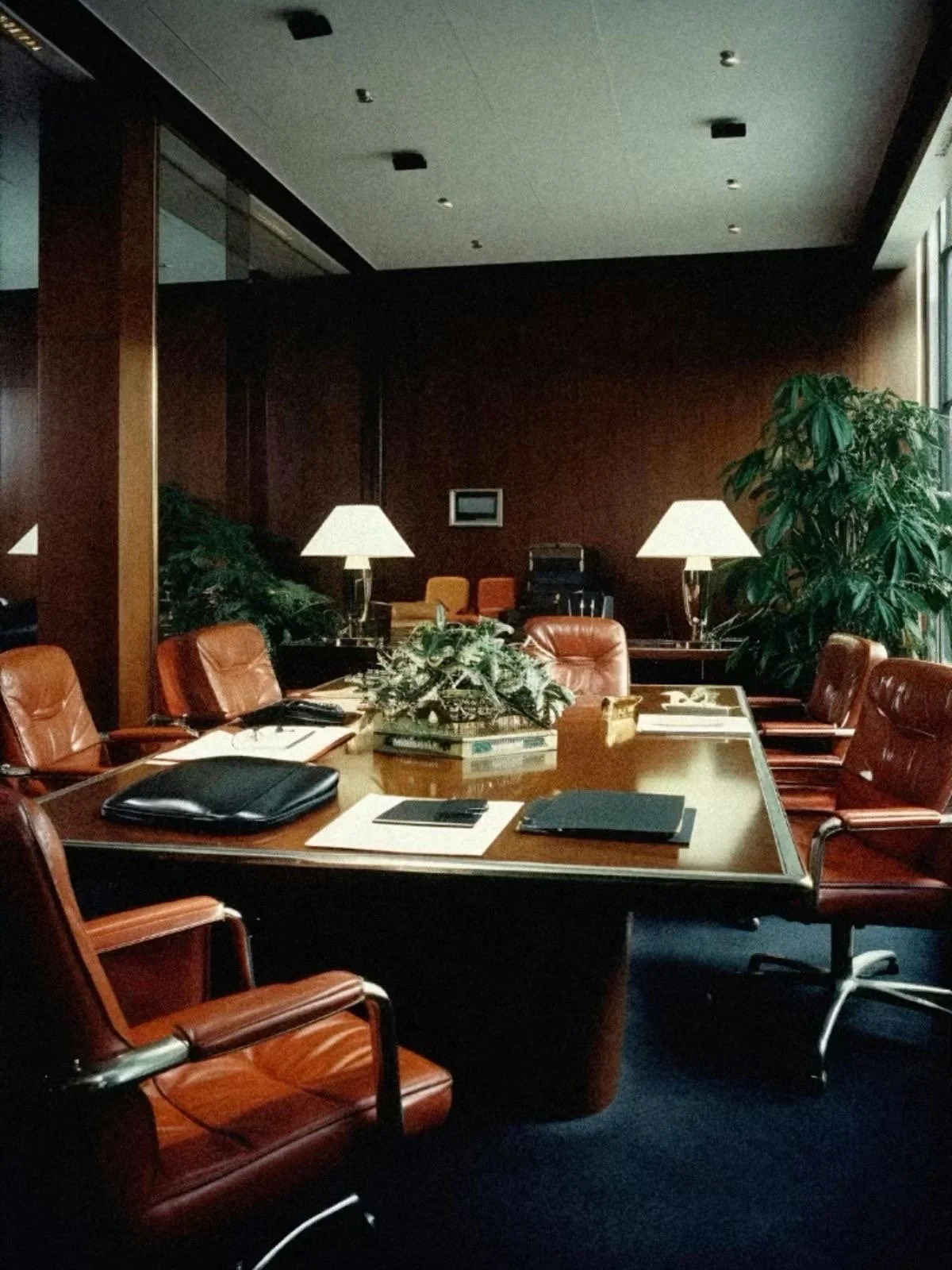 A conference room with a large wooden table surrounded by brown leather chairs, featuring documents, folders, a plant, and two table lamps, with large windows and green plants in the background.