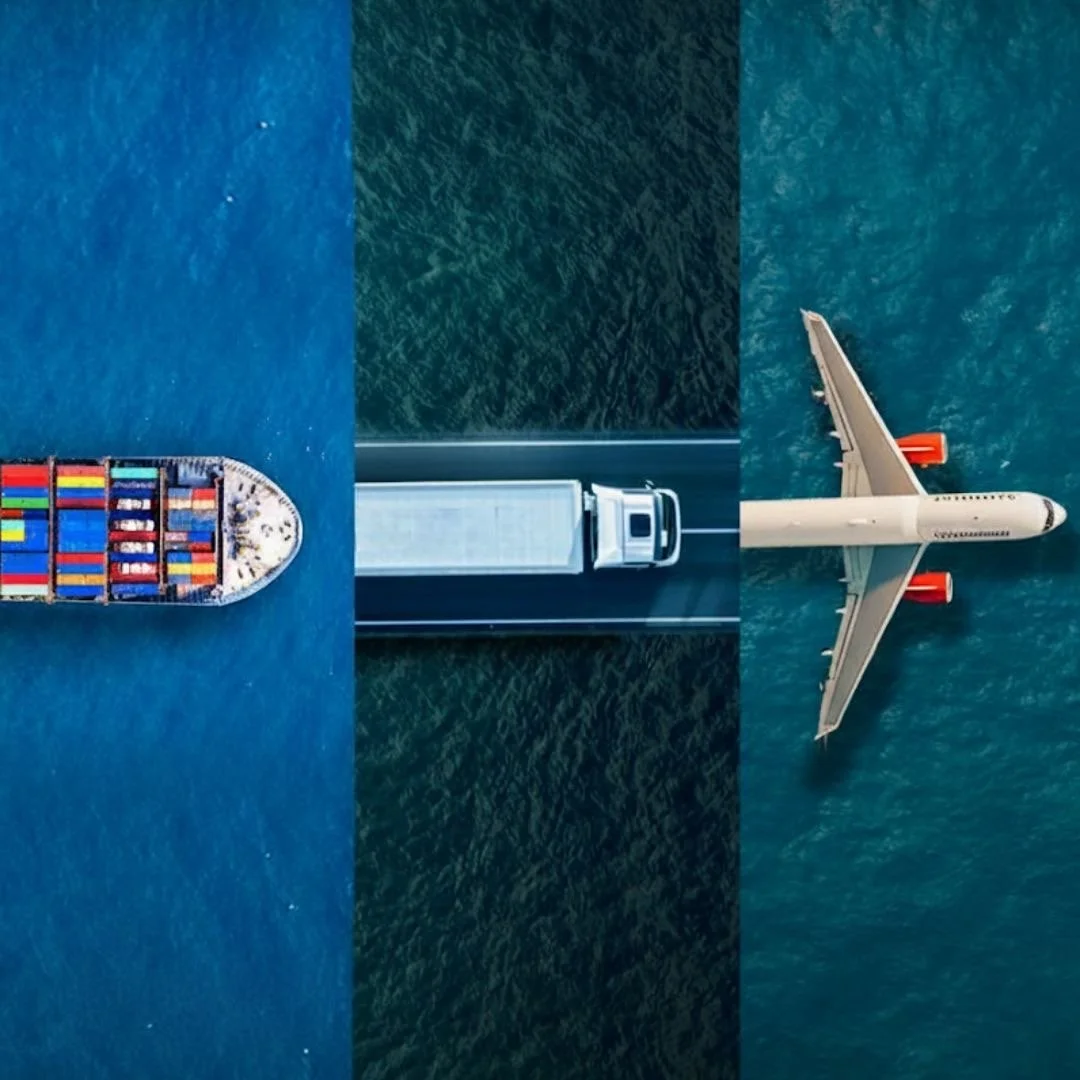 aerial view of a cargo ship on the left, a truck in the middle, and an airplane on the right, all positioned over water.