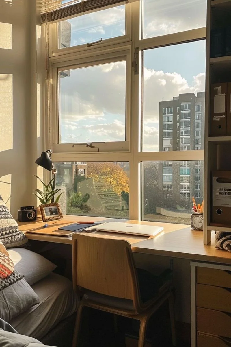 A cozy home office setup by a window showing a cityscape and a partly cloudy sky, with a wooden desk, a chair, a plant, a lamp, and various office supplies.