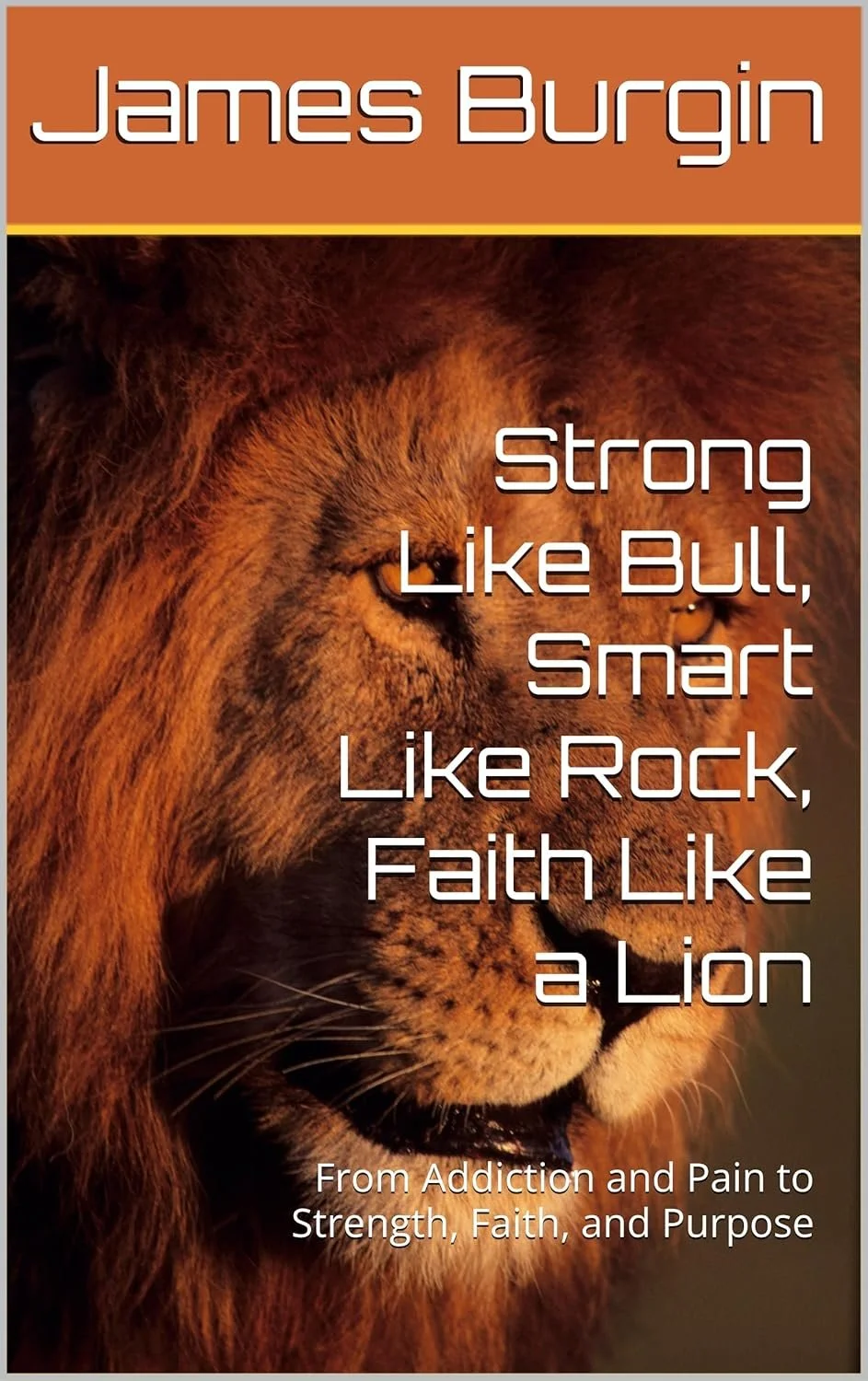 Book cover featuring a close-up of a lion's face with a brown background. The title reads 'James Burgin: Strong Like Bull, Smart Like Rock, Faith Like a Lion' with a subtitle 'From Addiction and Pain to Strength, Faith, and Purpose'.