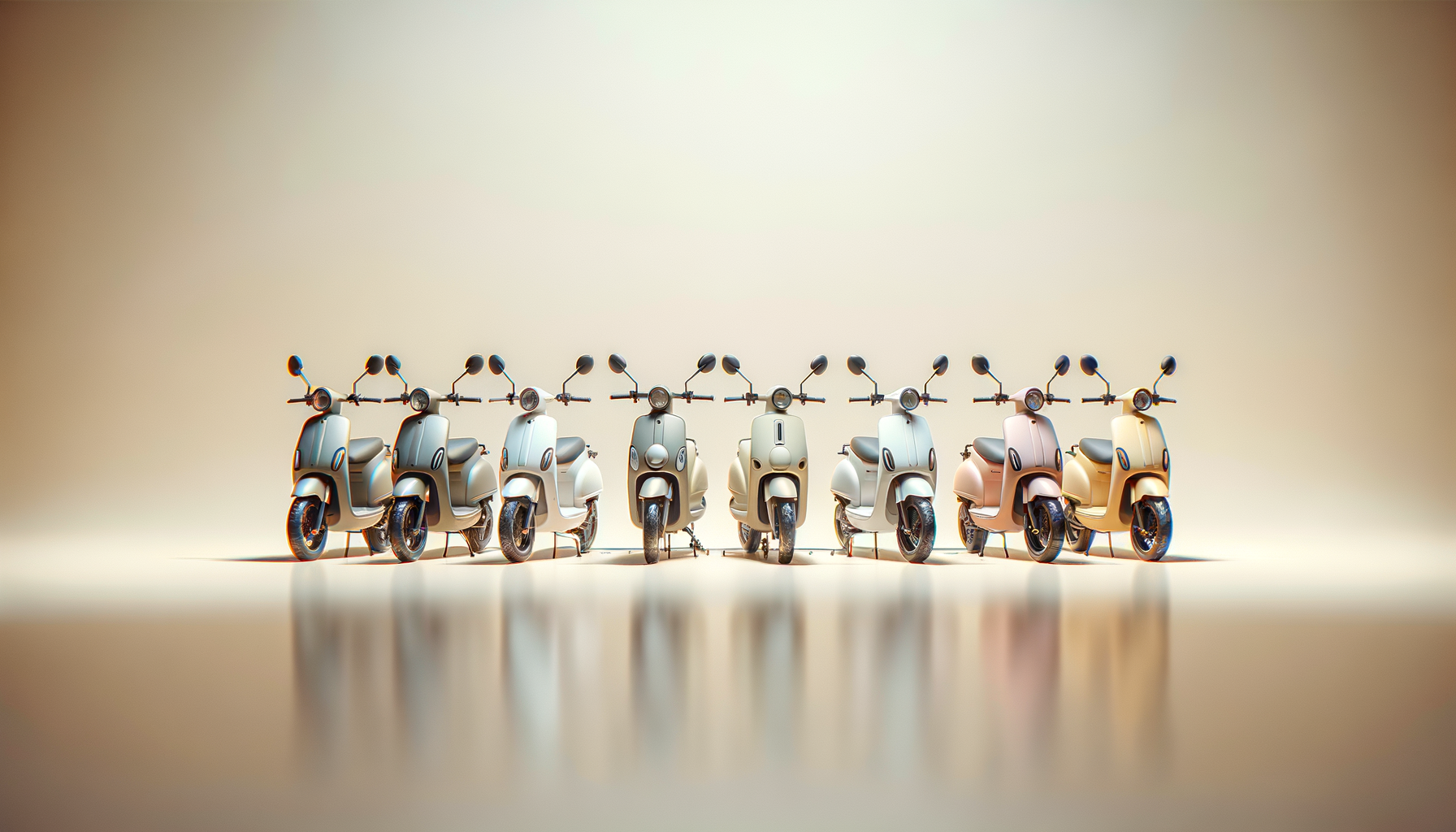 Lineup of eight vintage-style scooters in various pastel colors on a smooth surface with a plain, light background.
