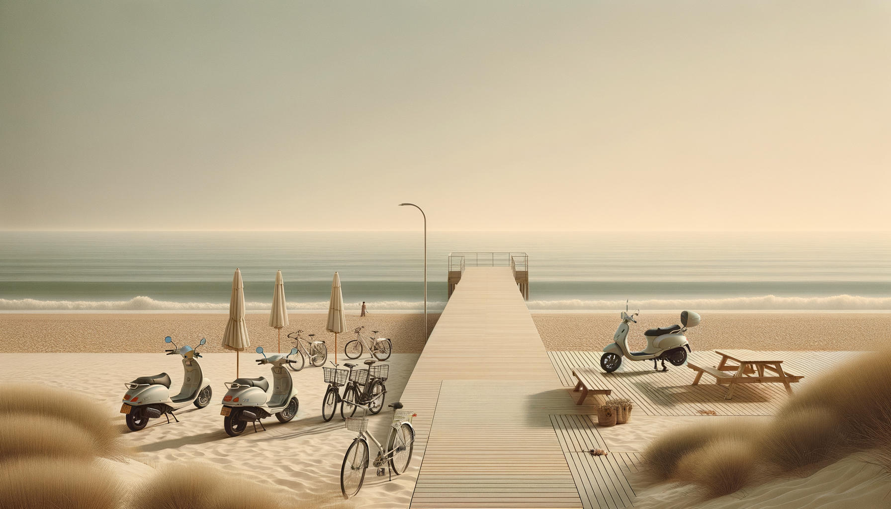 A tranquil beach scene with a wooden pier leading out to the ocean, surrounded by bikes, scooters, umbrellas, and a picnic table on the sandy shore.