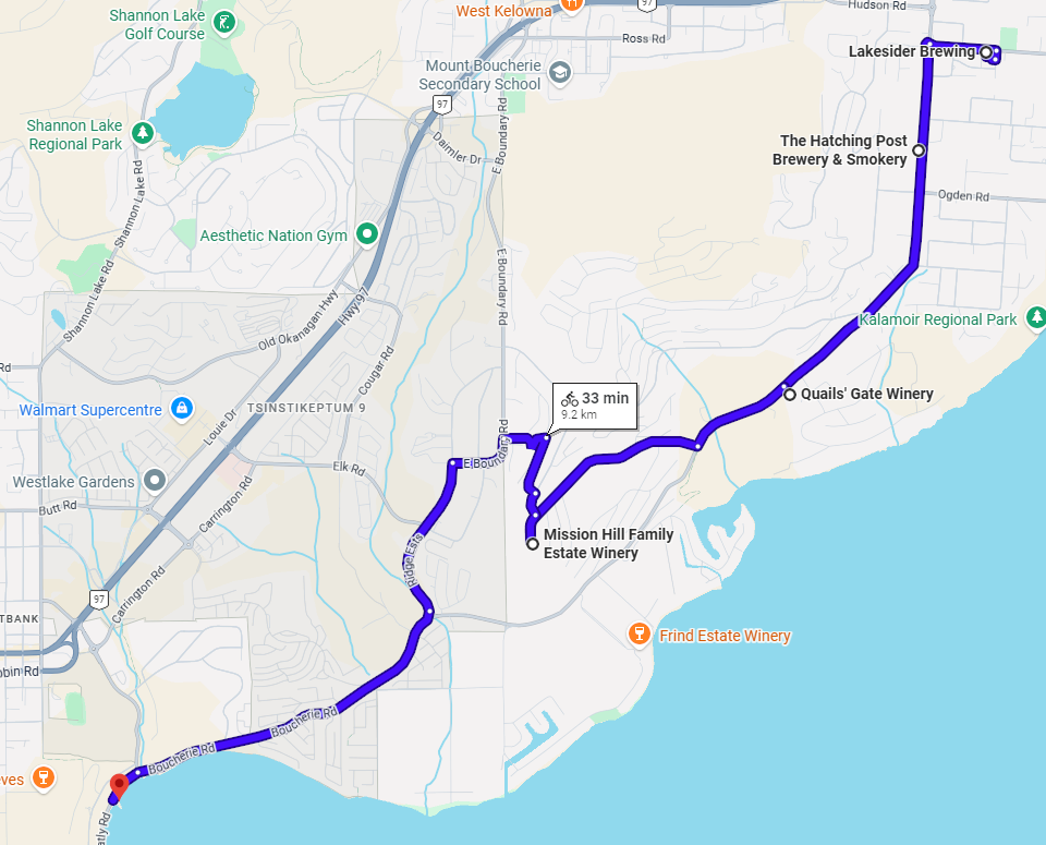 West Kelowna Mount Boucherie Wine Trail E-Bike Route Map