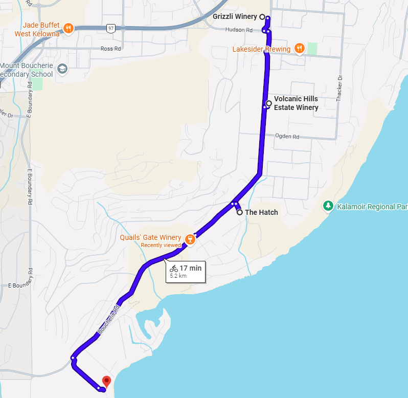West Kelowna Lakeshore Wine Trail E-Bike Route Map
