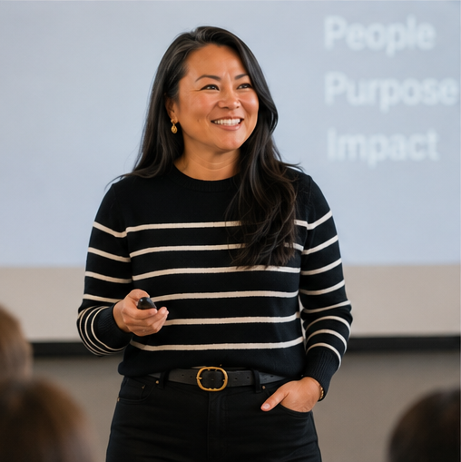 Ann Thai delivering a keynote on workplace culture and AI