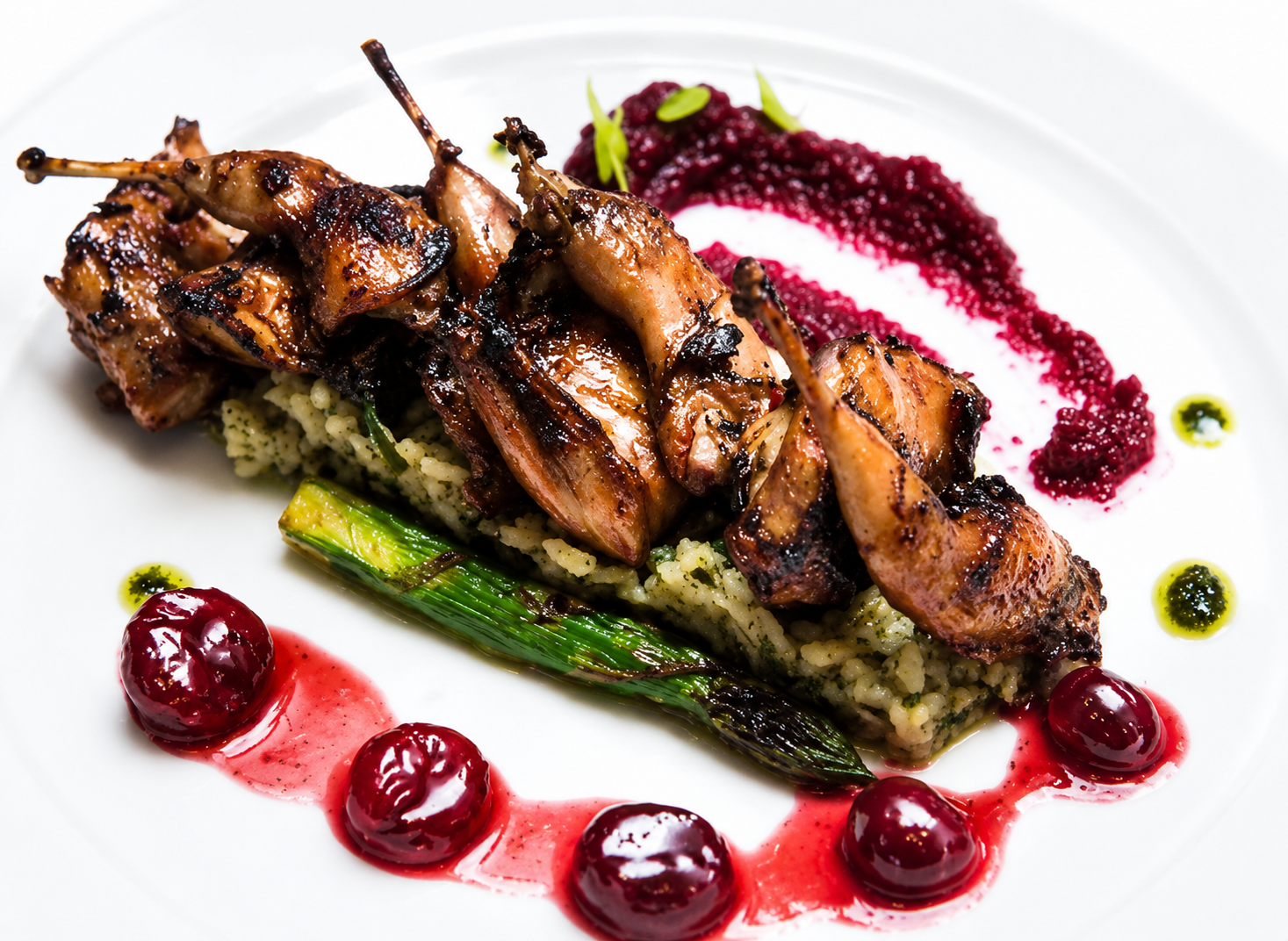 Grilled skewered meat on a bed of couscous with green onion, garnished with cherry sauce, beet puree, and sauce dots, on a white plate.