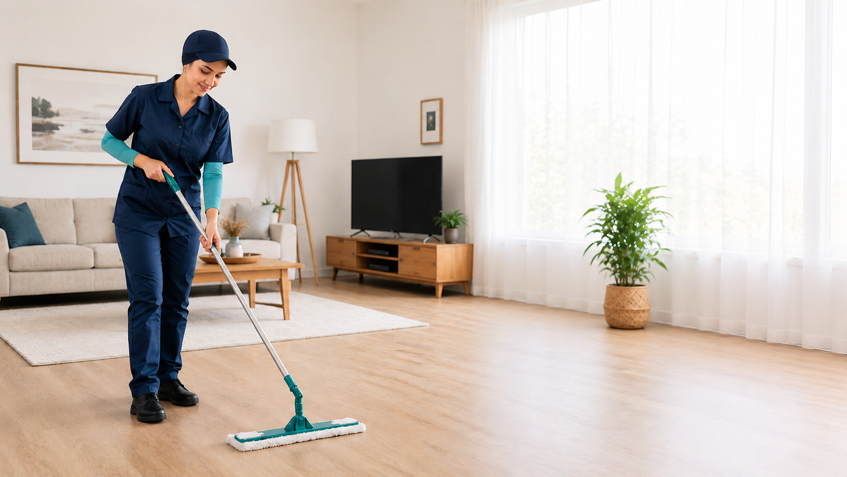 A woman wearing a blue uniform and cap is mopping a wooden floor in a well-lit living room with large windows, white curtains, and modern furniture.