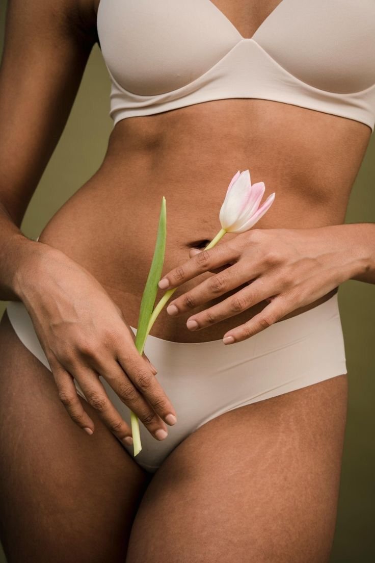 A woman wearing white underwear and a bra, holding a pink and white tulip in front of her lower abdomen with both hands.