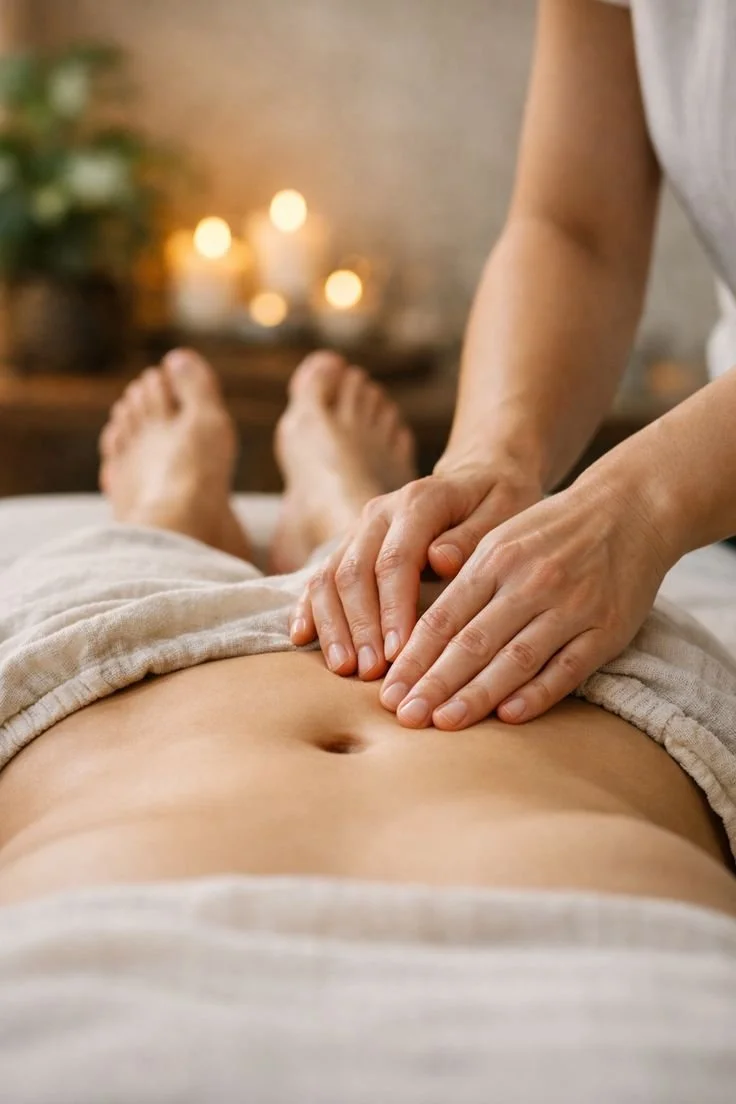 A person receiving a massage on their abdomen in a spa or wellness setting.