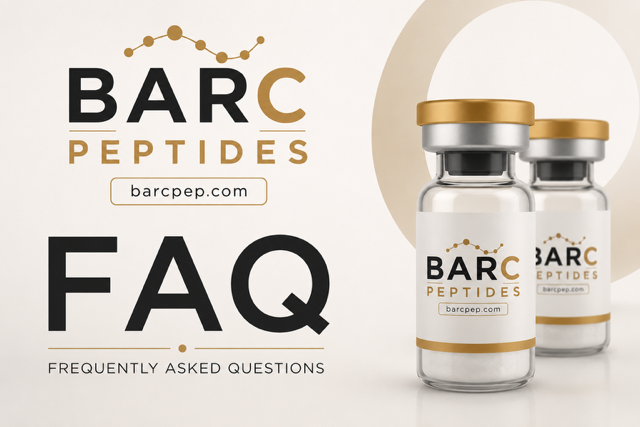 Image displaying bottles of BARC Peptides with an FAQ section, website barcpept.com, and a graphic of a molecular structure.