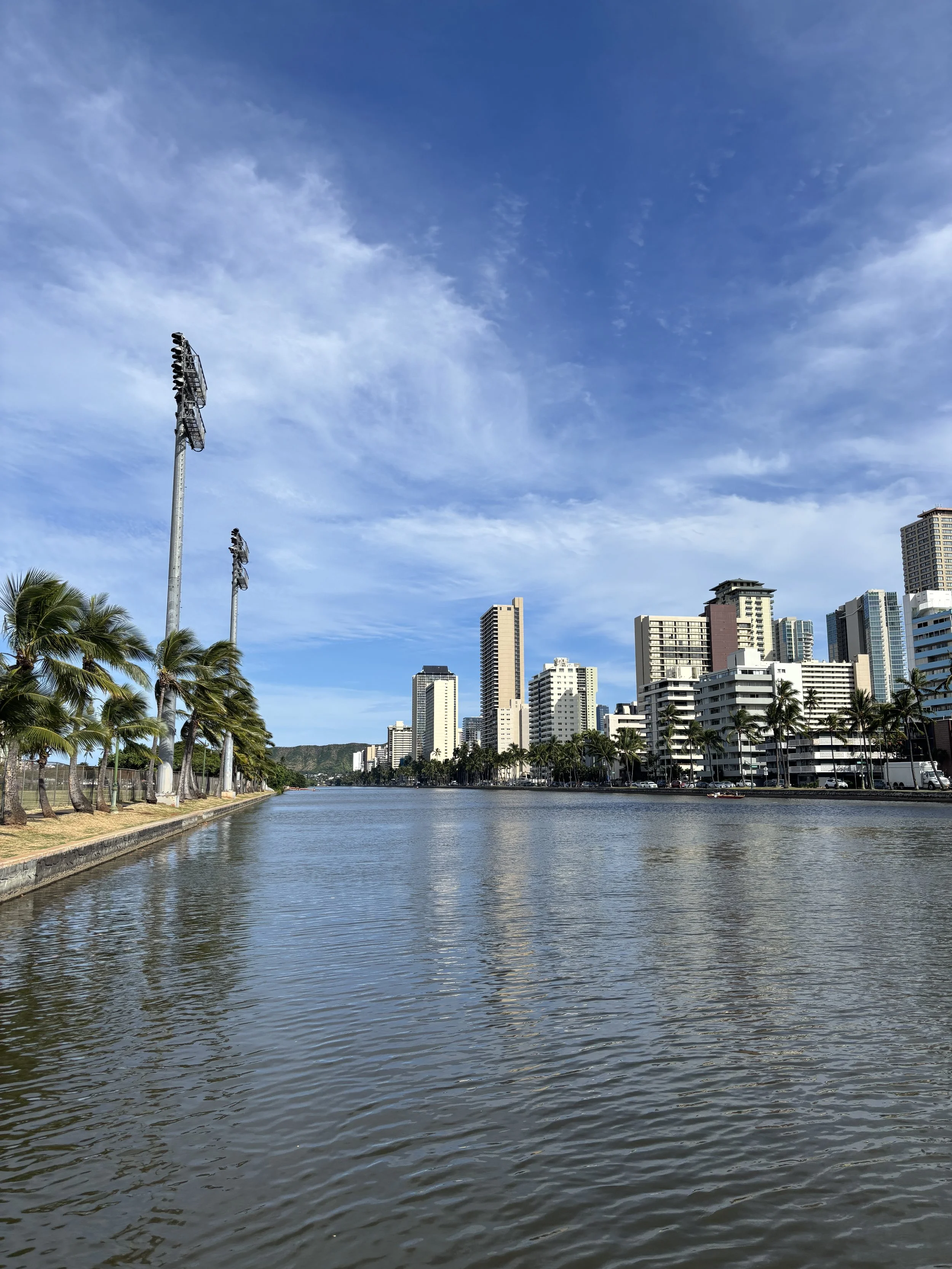 View of a city skyline with high-rise buildings and a river in the foreground. Palm trees line the riverbank, and large stadium lights are visible against a blue sky with scattered clouds.