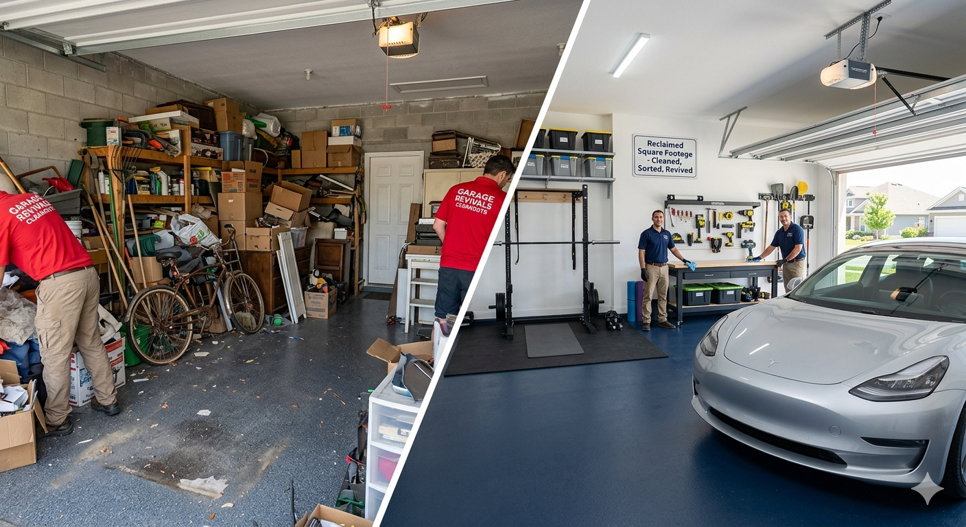 Comparison of a cluttered garage filled with boxes, tools, and miscellaneous items on the left, and a cleaned, organized garage with tools on the wall, a workstation, and a parked silver Tesla on the right.