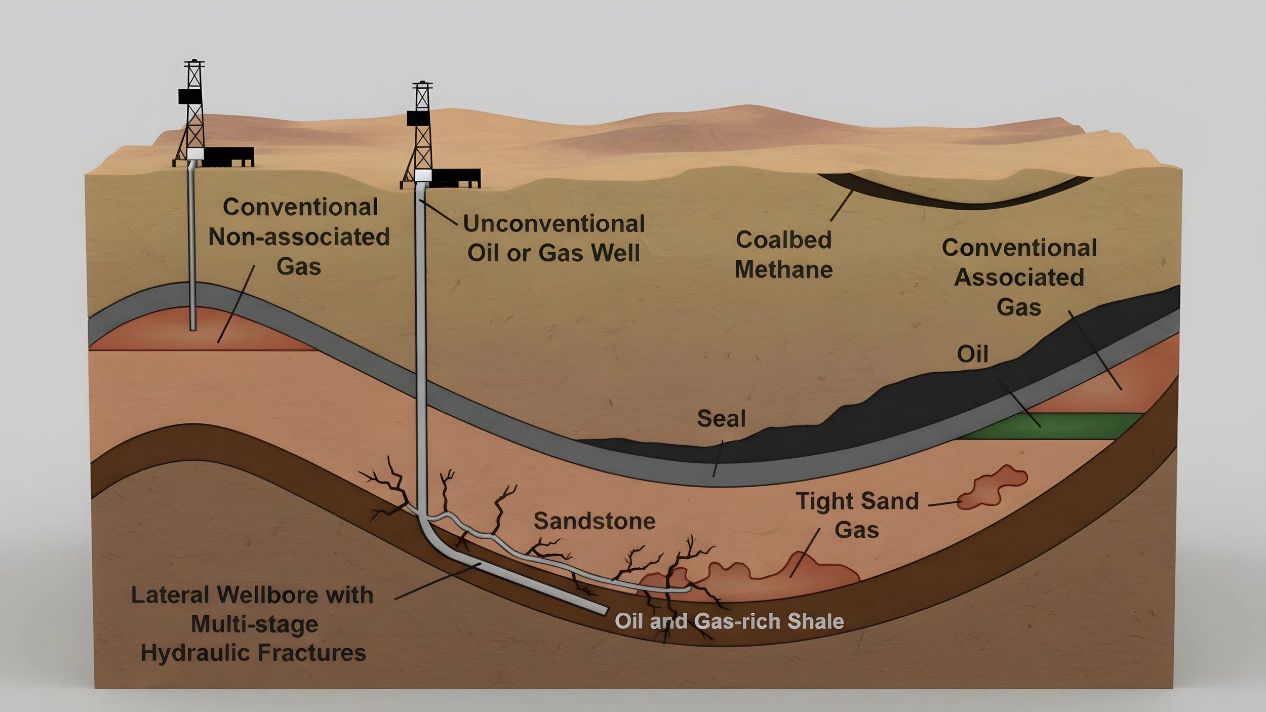 A diagram illustrating various types of oil and gas extraction methods underground, including conventional and unconventional wells, coalbed methane, oil and gas-rich shale, and hydraulic fracturing.