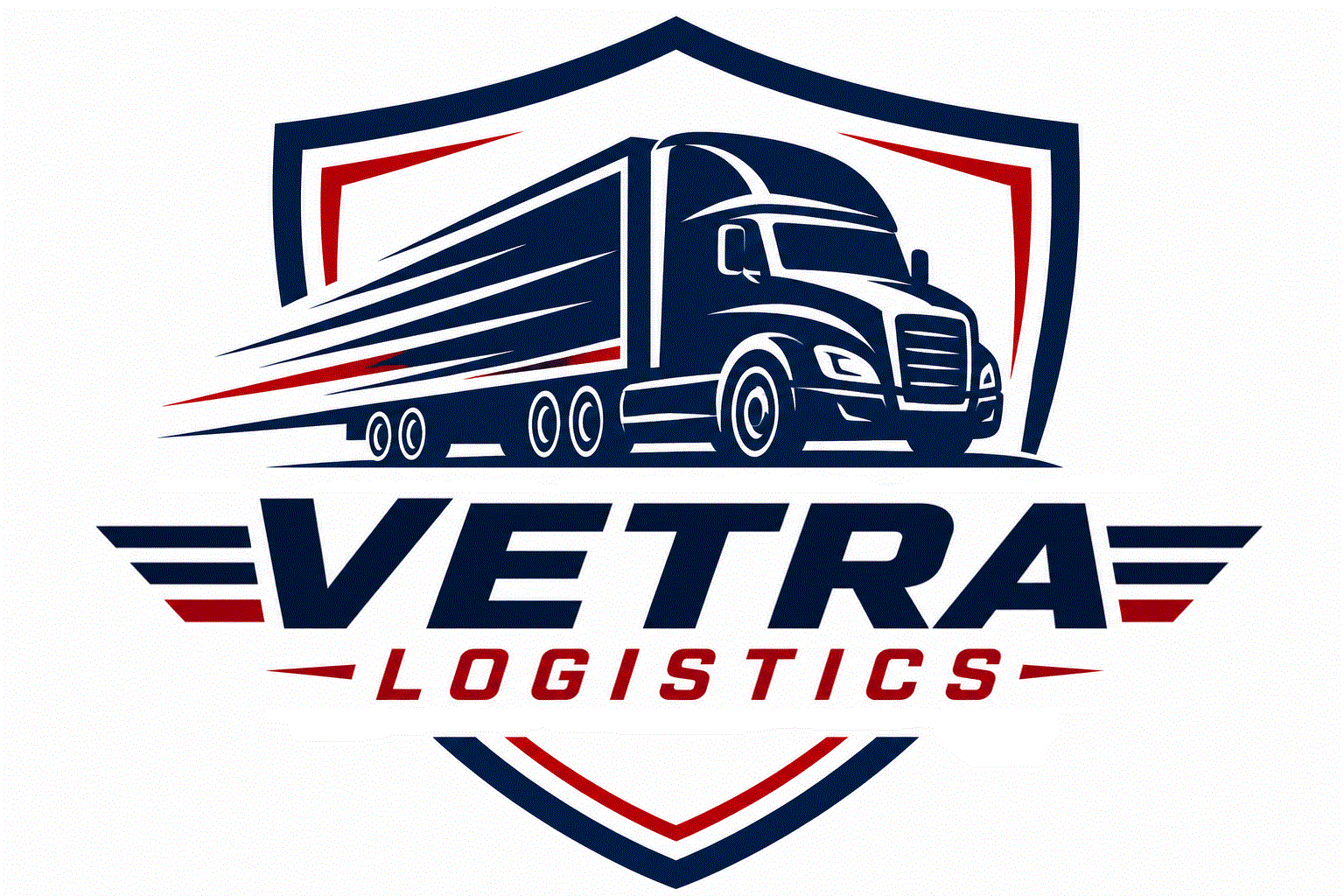 Logo for Vetra Logistics featuring a stylized semi-truck in navy blue with red accents and a shield background.